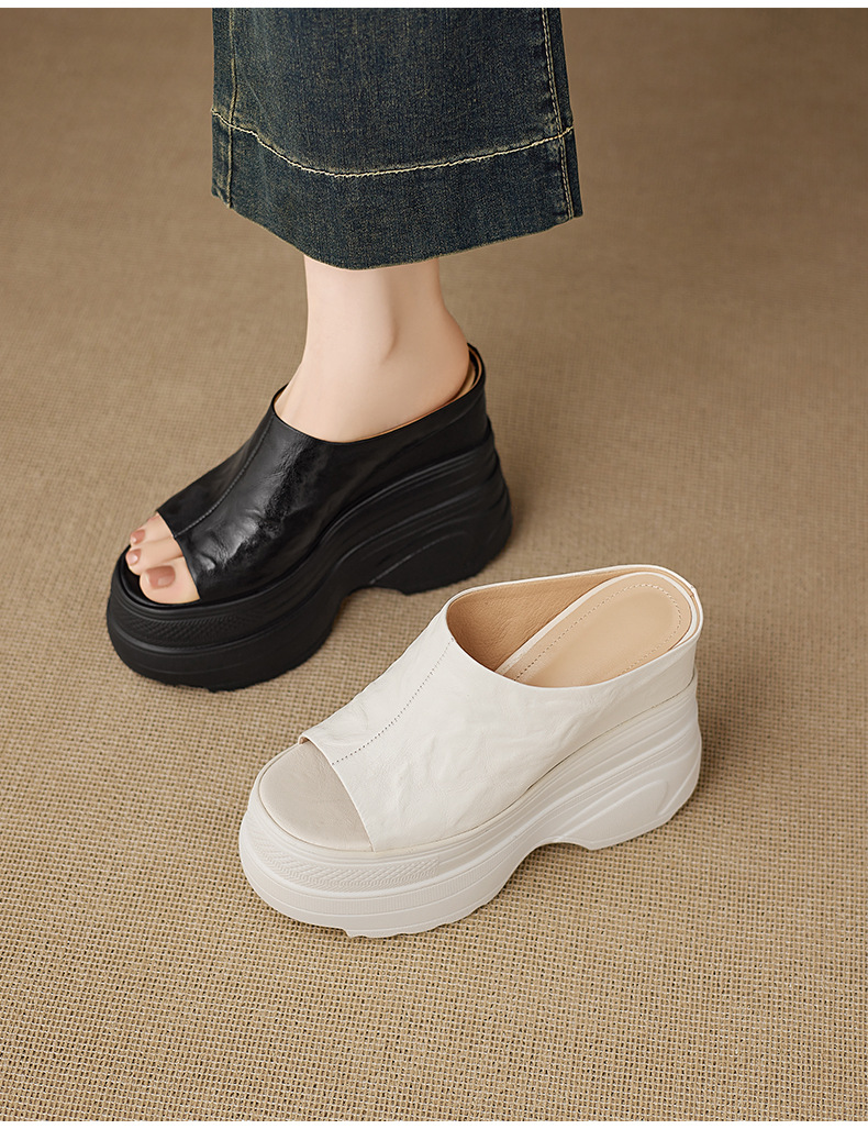 Dép sandal nữ quai chữ V đế xuồng cao gót ẩn, mũi hở, da PU chống nước — màu đen, màu trắng ngà chi tiết 11