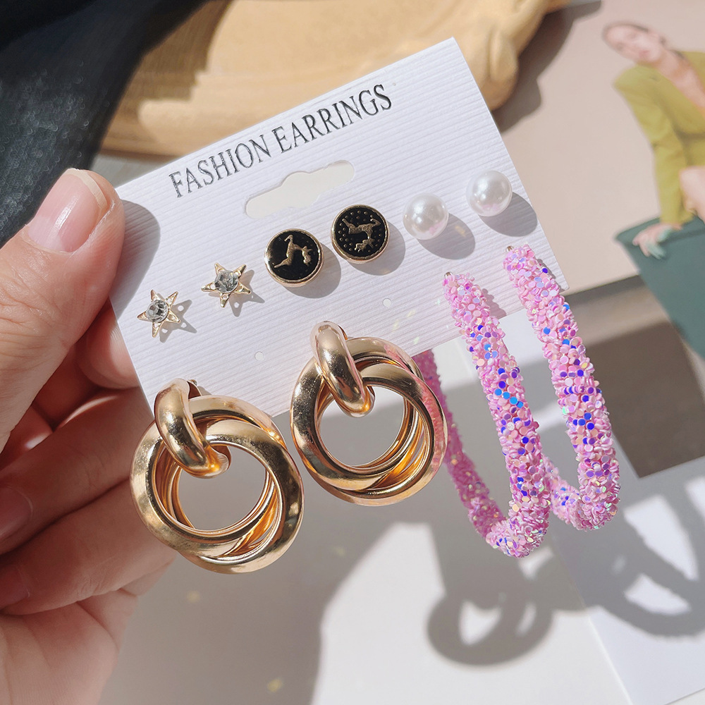 European And American 5 Pairs Geometric Pearl Deer Sequined Star Diamond Earrings display picture 1