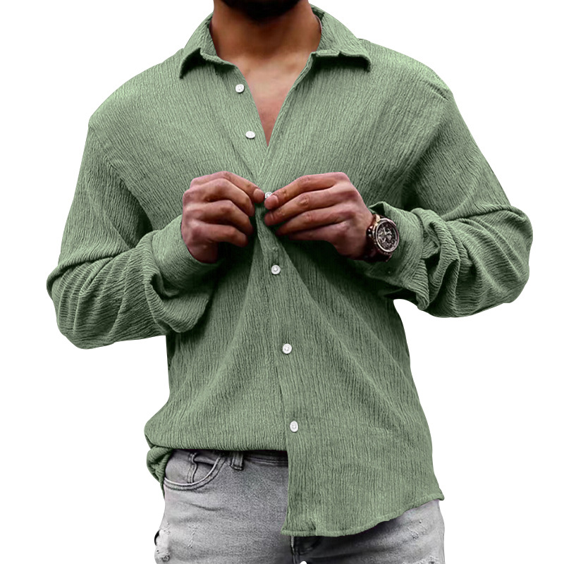 2023 Amazon camisa de manga larga de los hombres de primavera y otoño suelta más tamaño de la burbuja de tela de color sólido solapa camisa casual hombres