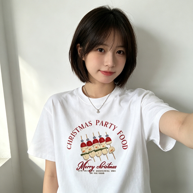 Korean-Style Curved Christmas Letter Print T-Shirt for Women, Pure White Casual Holiday Atmosphere Women's Clothing, One-Piece Drop Shipping S551 Korean-Style Curved Christmas Letter Print T-Shirt for Women, Pure White Casual Holiday Atmosphere Women's Clothing, One-Piece Drop Shipping S551
