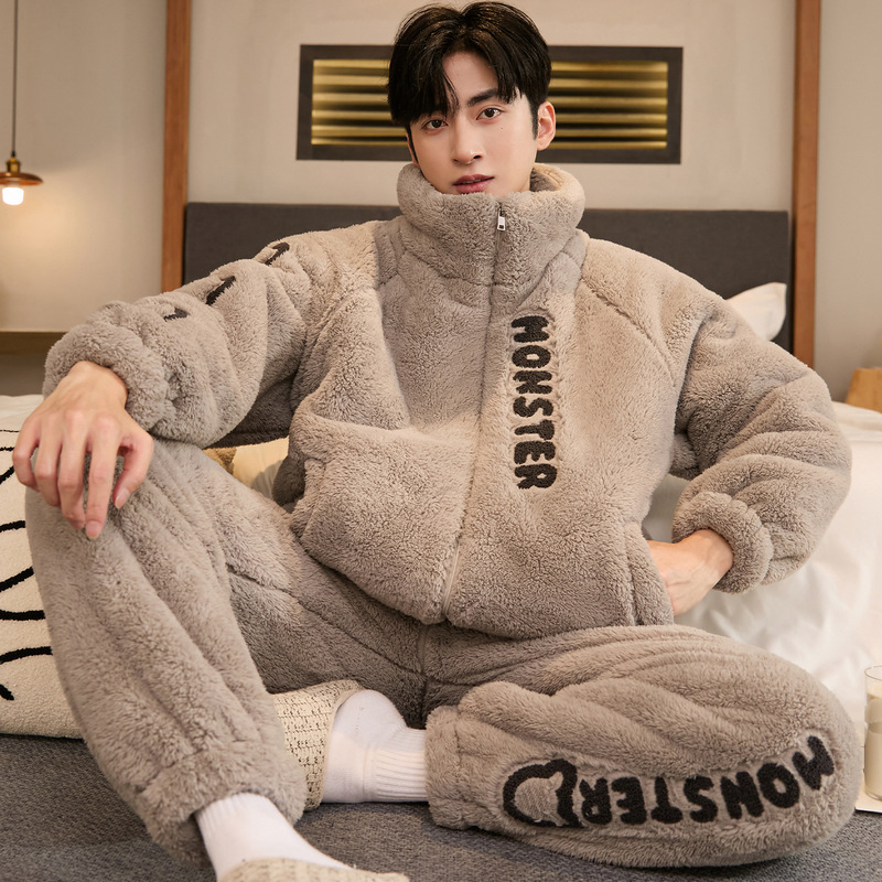 Autumn and Winter Coral Velvet Pajamas for Men Thickeneded Velvet Flannel Warm Lapel Large Size Youth Home Wear Set Autumn and Winter Coral Velvet Pajamas for Men Thickeneded Velvet Flannel Warm Lapel Large Size Youth Home Wear Set