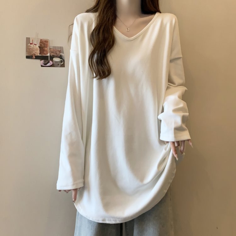 中长款遮屁股恤女秋冬大码领打底衫胖显瘦美式宽松慵懒风上衣|undefined
