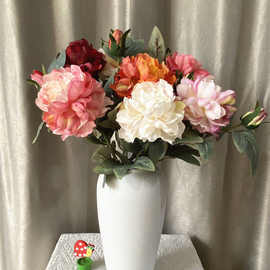 大束双色牡丹真花假花复古油画芍药绢花客厅摆件干花花束装饰品