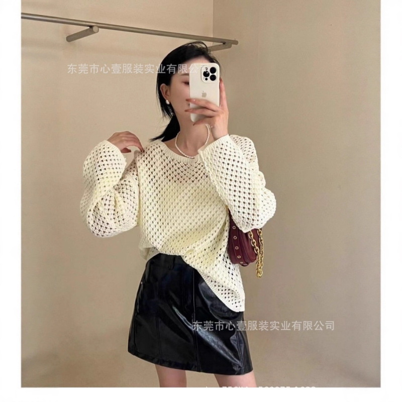 2025跨境早秋短款镂空罩衫上衣女新款设计感慵懒长袖T恤针织衫|undefined