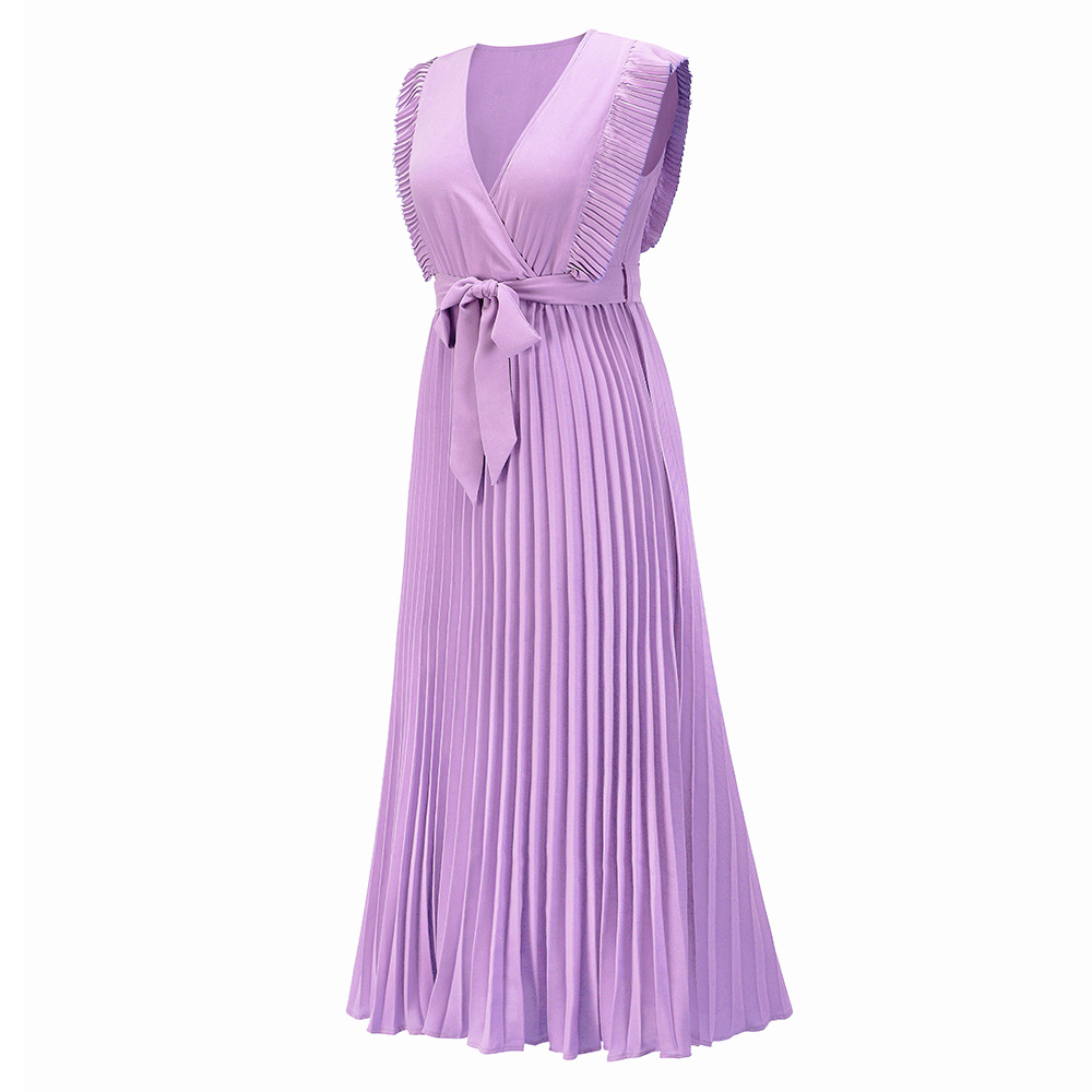 Solid Color Slim Lotus Leaf Sleeve Chiffon Pleated Dress NSHYG111300