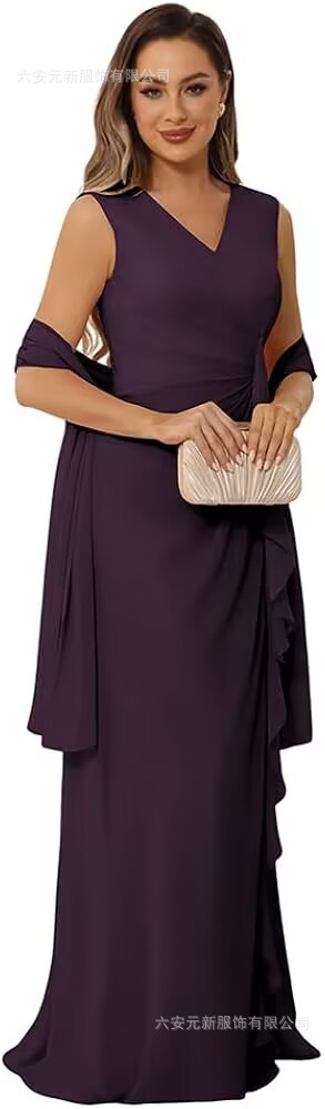 Europa y América Amazon novia madre vestido de boda talla grande gasa con cuello en V novio madre vestido de fiesta