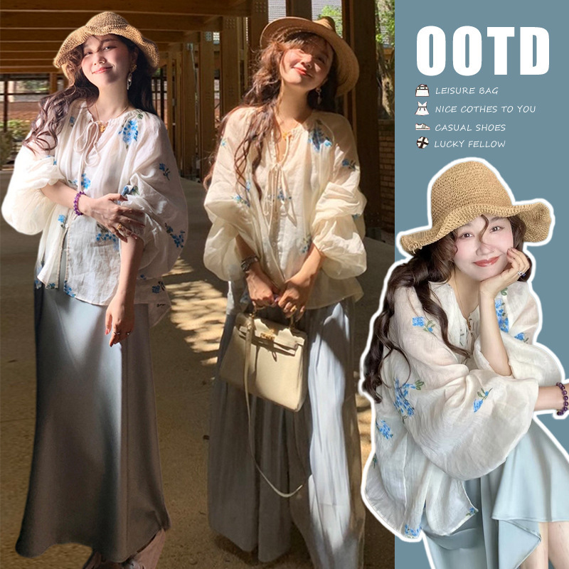 2026 New Unique Embroidered Cotton Floral Shirt Top + Pearlescent Wide-Leg Maternity Pants Skirt Set 2026 New Unique Embroidered Cotton Floral Shirt Top + Pearlescent Wide-Leg Maternity Pants Skirt Set