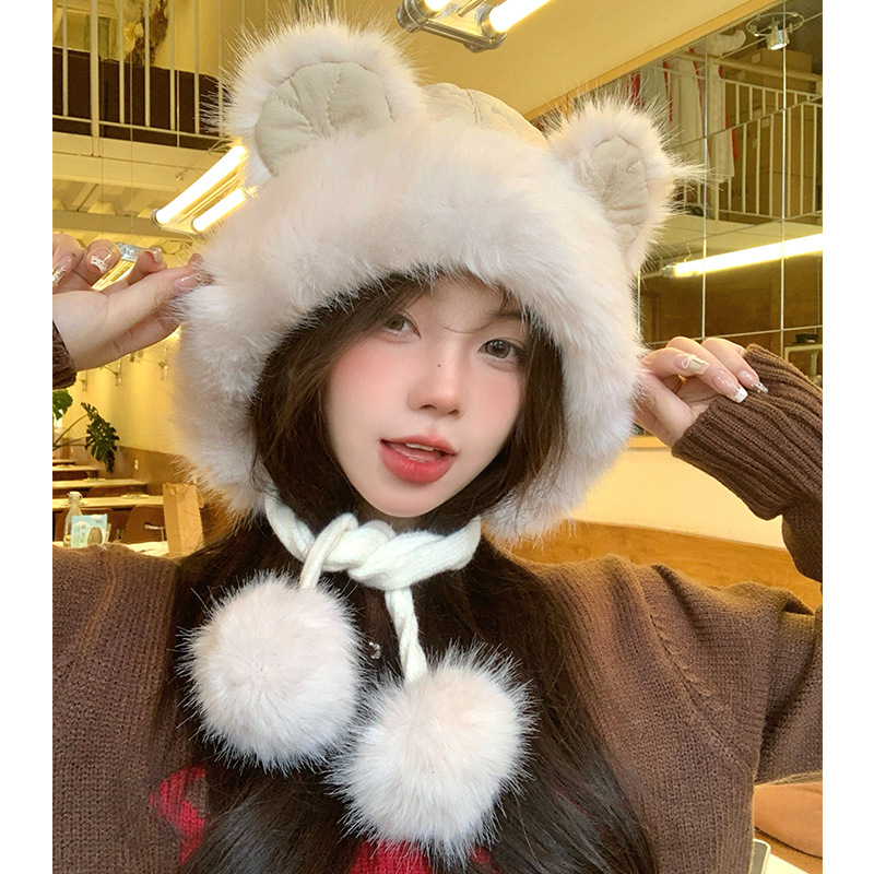 Bonito oso orejas gorra de peluche para mujeres otoño y invierno cara pequeña gorra de vello gruesa para montar en bicicleta a prueba de viento