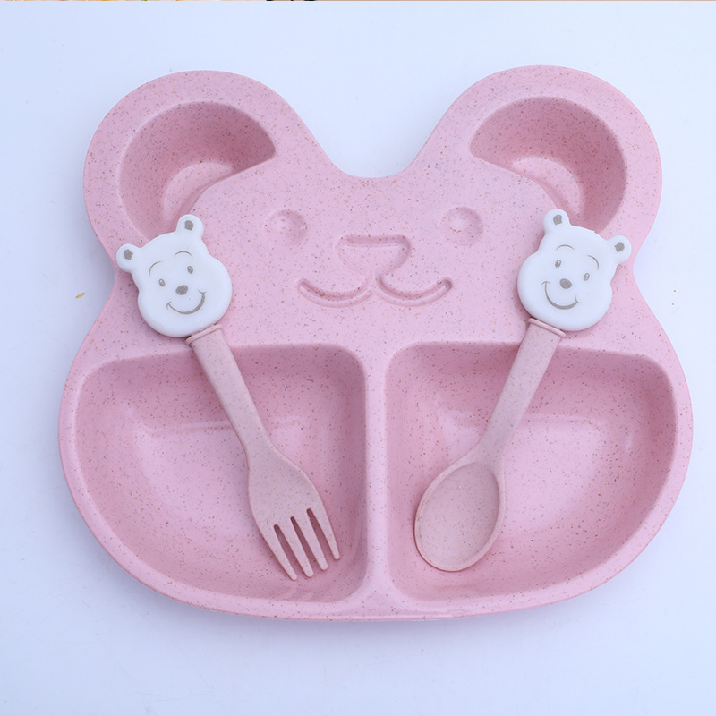 国境を越えて起爆した小麦わら児童食器セット赤ちゃんかわいいベアー分格食皿転倒防止茶碗フォークスプーン|undefined