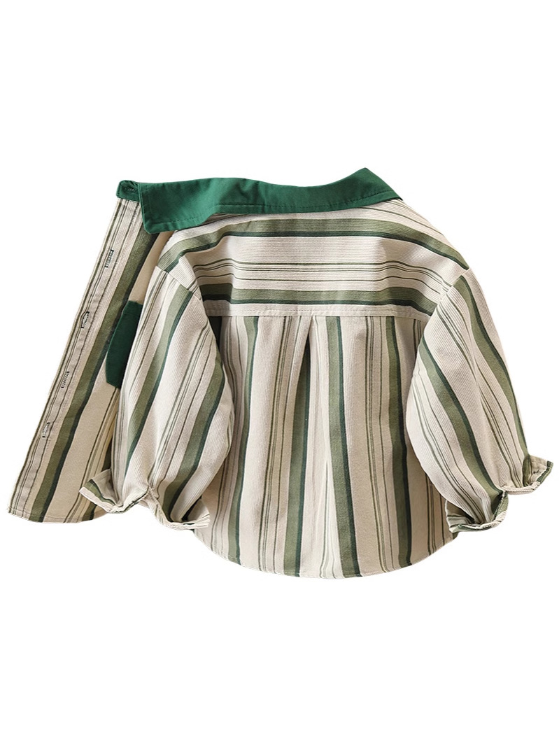 7743 Camisa de pana para niños, nuevo estilo 2026, camisa de manga larga a rayas para niños, estilo coreano, para primavera y otoño