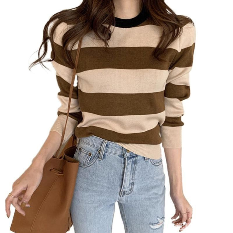 Design Color-Blocked Stripesd Korean Chic Autum Casual Round Neck Pullover Slim Long-Sleeved Knitwear for Women