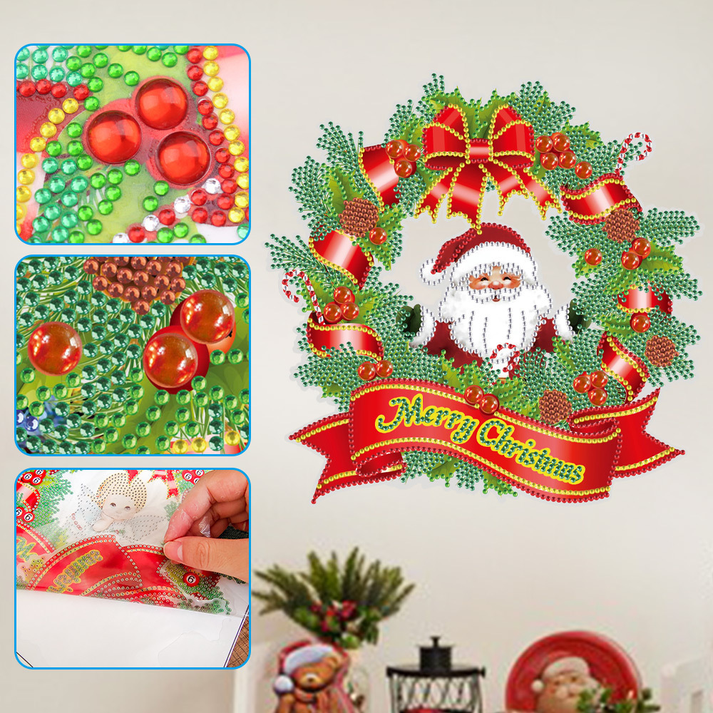 Pintura de diamantes con diseño de corona navideña de Papá Noel transfronterizo, pegatinas de diamantes para niños, pegatinas hechas a mano, pegatinas para ventanas, venta al por mayor