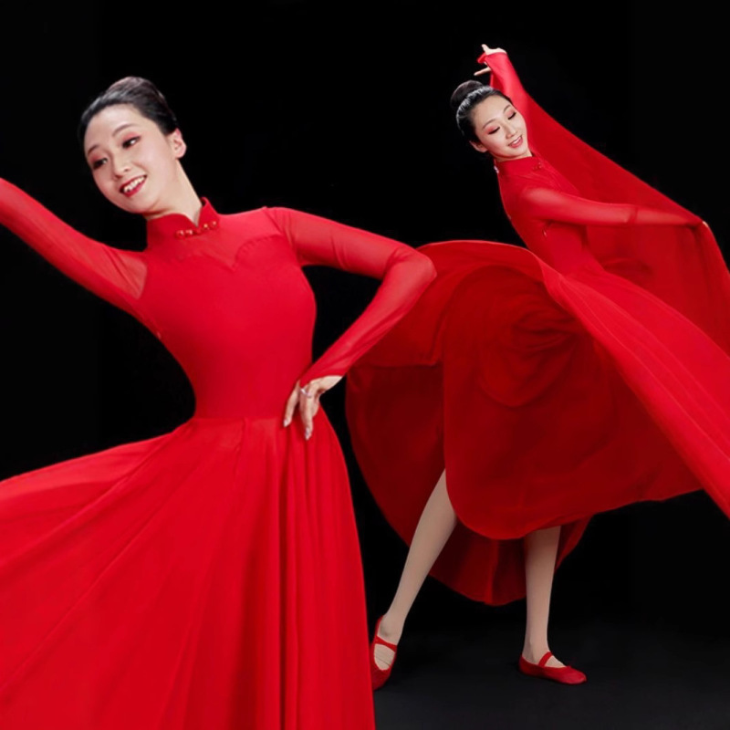 ダンススイングスカートパフォーマンス服中国風 720 ガーゼ社交ダンス練習服 2024 赤ダンス服パフォーマンス服|undefined