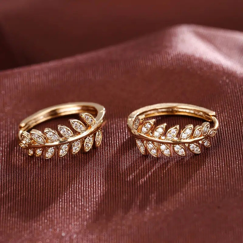 8g Weight Zircon Inlay Material Hoop Earrings Classification 1 Pair Quantity Holiday, Daily Occasion Copper Material Leaf, Grain Pattern Women's Gender IG Style, Simple Style Style 1 Pair Ig Style Simple Style Leaf Grain Copper Zircon Hoop Earrings 5