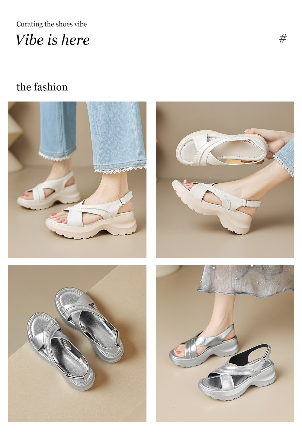 Sandal nữ đế dày phong cách thể thao quai chéo hở mũi, đế bánh mì êm ái — màu trắng ngà, bạc chi tiết 1