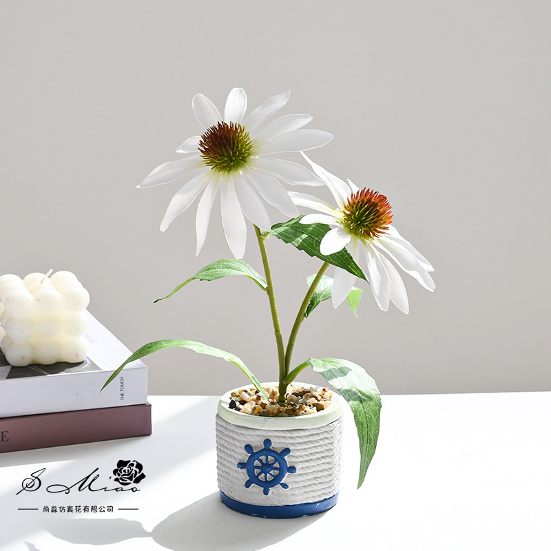 Nuevo estilo transfronterizo de dos cabezas de equinácea pequeño bonsái decoración de estudio fotográfico de hogar creativo decoración de planta verde artificial simulación en maceta image 8