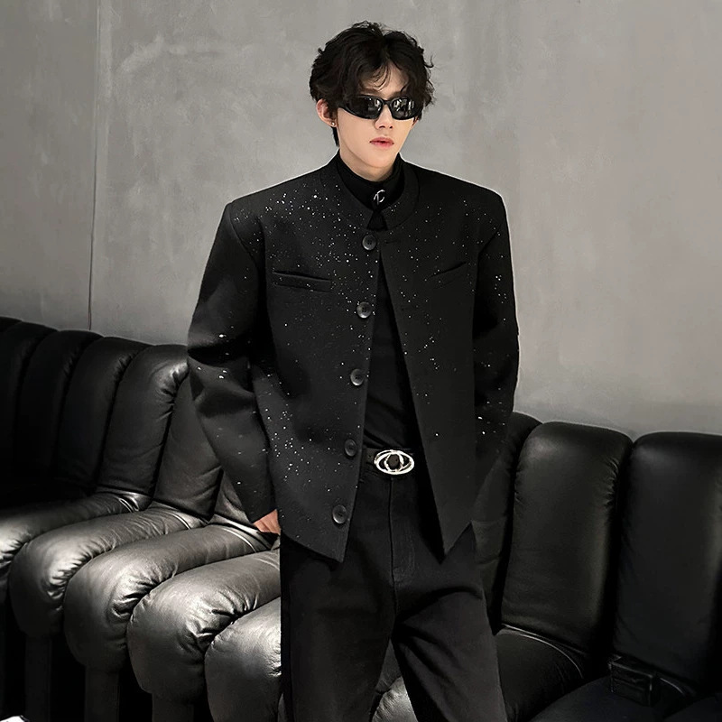 High-End Short Suit Jacket with Shoulder Pads for Men, Spring and Autumn, Silver-Tweed Material, Stylish Stand-Collar Jacket, Nightclub Style