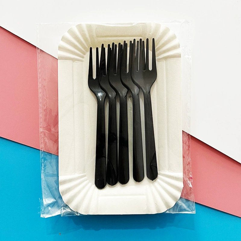 Free shipping long-handled four-tooth fork paper dessert plate set of 5 plates and 5 forks for cake shop simple dining set