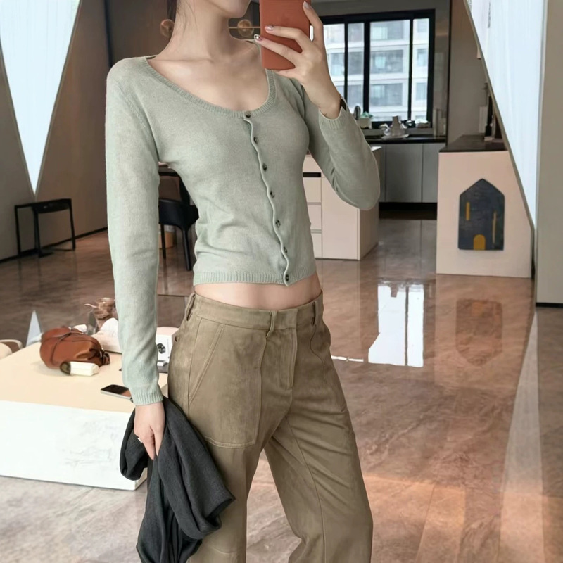 In-Stock Versatile Style "Mist" Cashmere and Silk Blend U-Neck Waist-Cinching Knitted Cardigan Sweater Top
