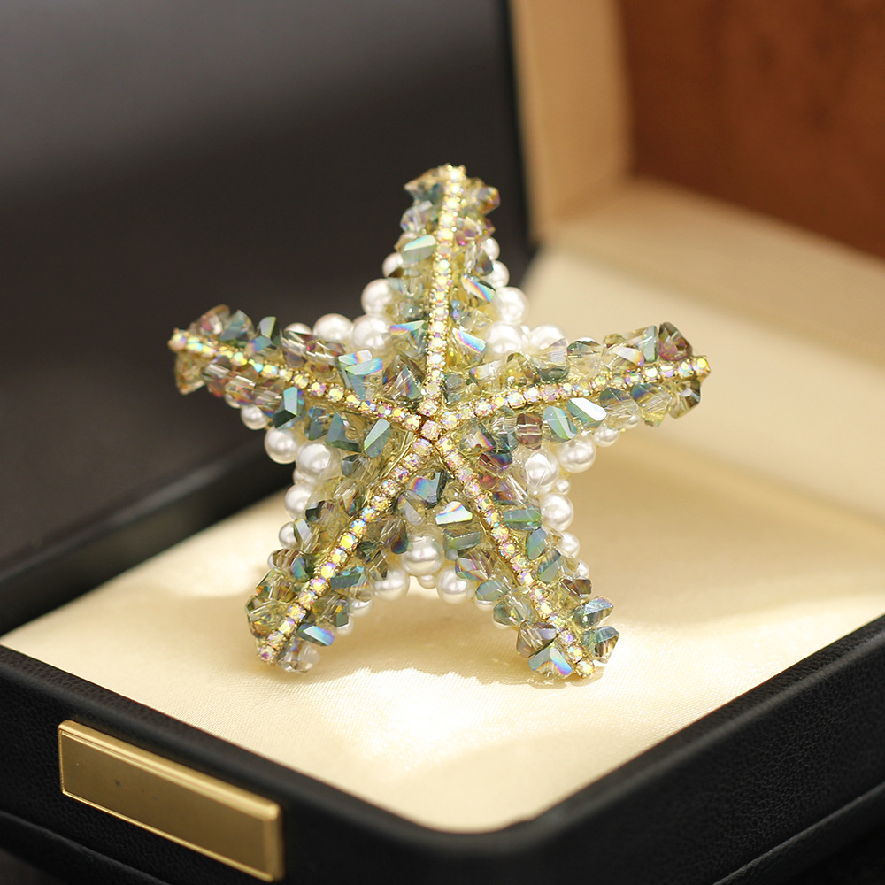 新品小众高级感蓝色颗粒水晶海星胸针珍珠百搭海洋生物别针男女款