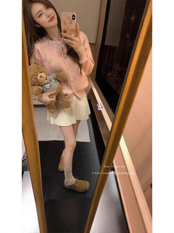 法式小香风重工镶钻钉珠圆领针织开衫女秋冬新款软糯针织毛衣外套|undefined