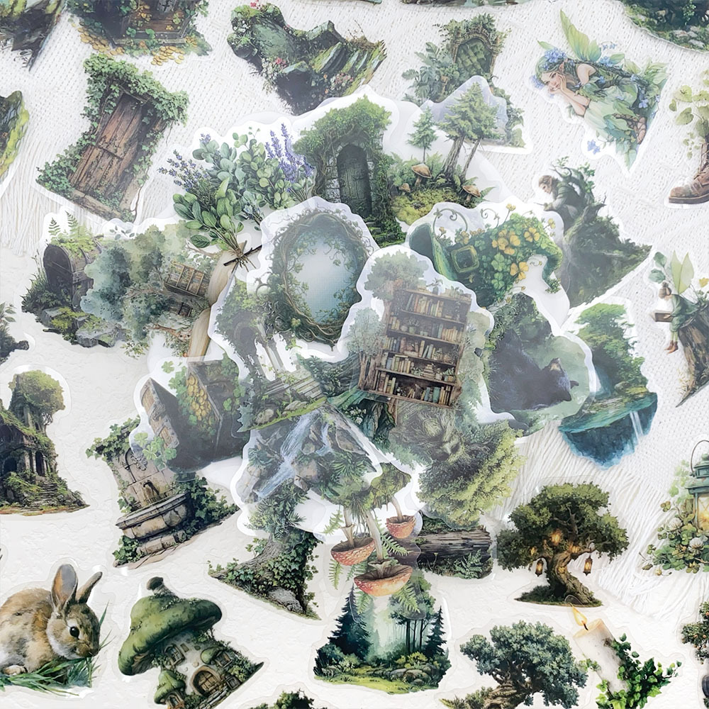 50张森系茂密森林透明PET贴纸行李箱吉他滑板手机diy防水贴画