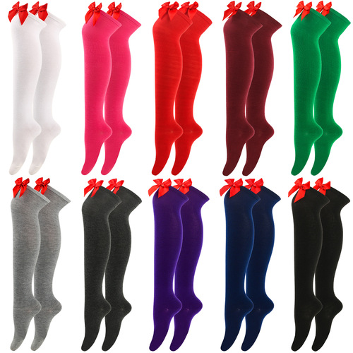 3pair lovely bowknot socks knee-high socks silk stockings female their European and American holiday pure color Christmas stockings