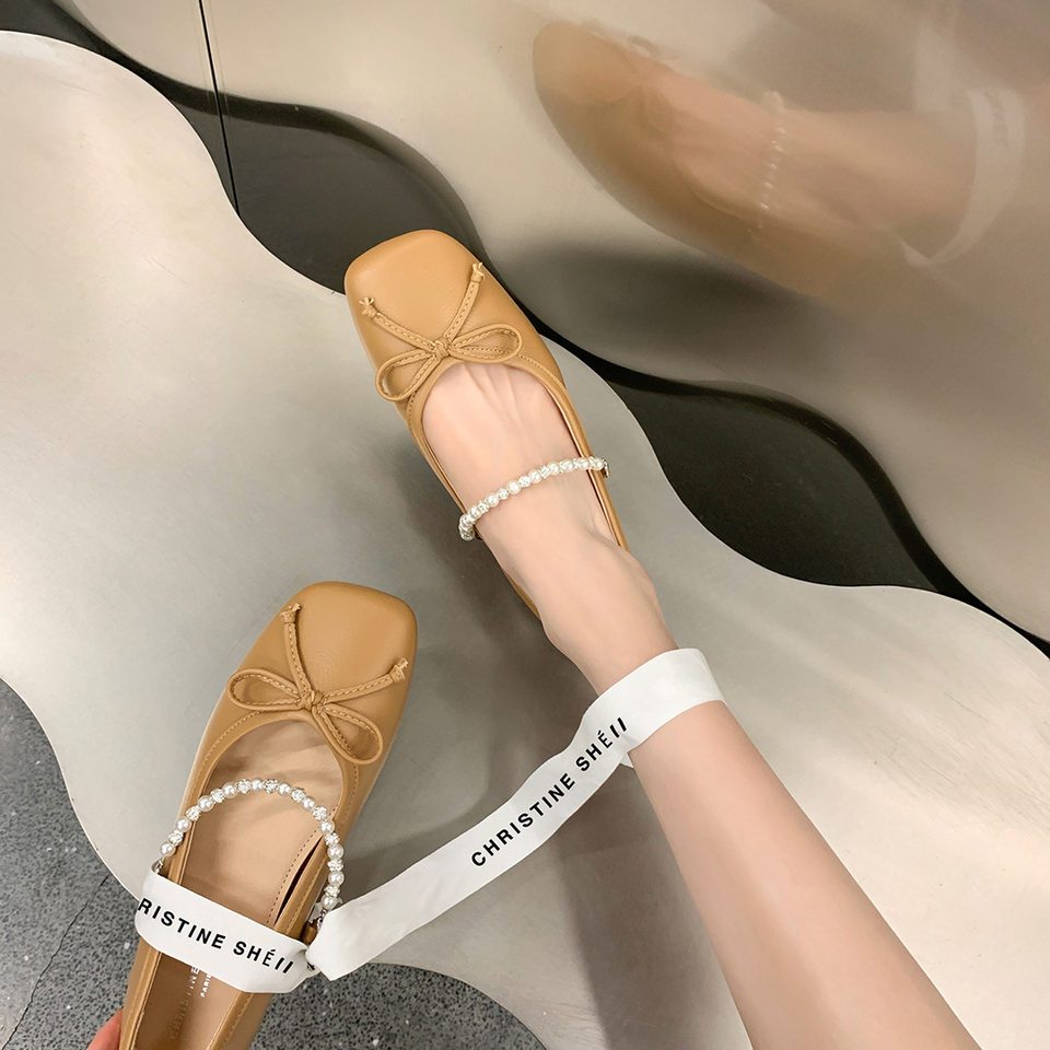 Giày Mary Jane nữ mũi vuông đính nơ, ngọc trai và đá pha lê, gót thấp dưới 3 cm — Màu mơ