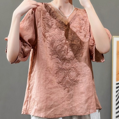 Ladies' Summer Thin V-Neck Embroidered Workmanship Casual Wearable Thin Cotton-Linen Shirt