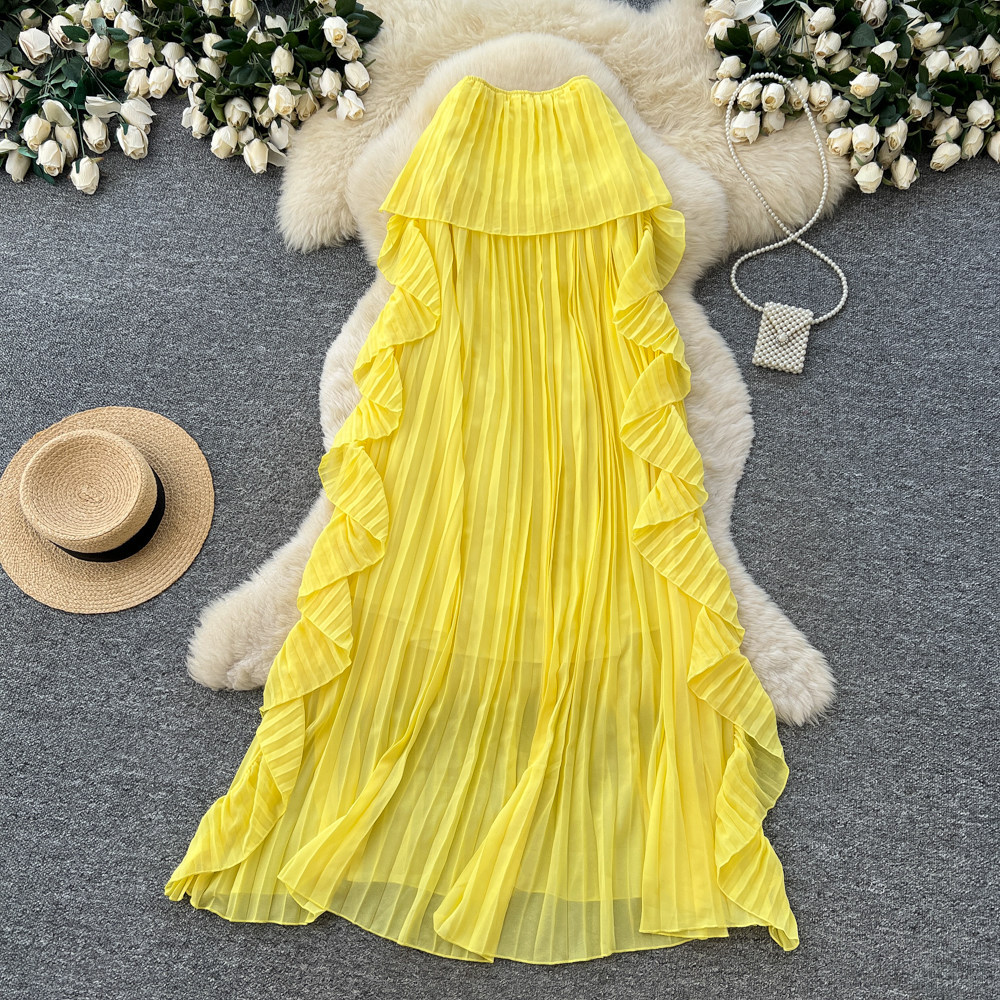 Yellow Strapless Sleeveless Long Dress Ruffled Halter Neck Design Loose Fit French Style Summery Feel Women's Clothing_ecoleips.com