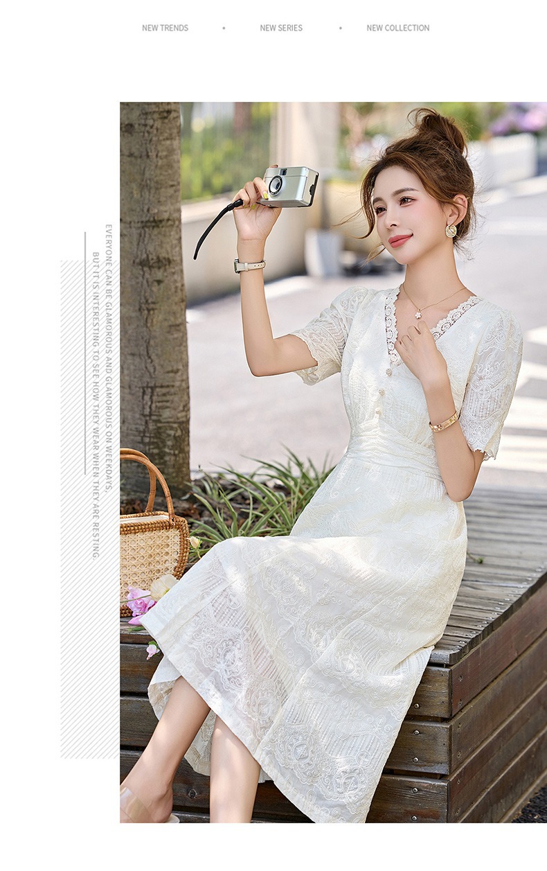 Váy liền ren cổ chữ V chít eo dáng dài phong cách cổ điển ME5627 — Màu như hình chi tiết 10