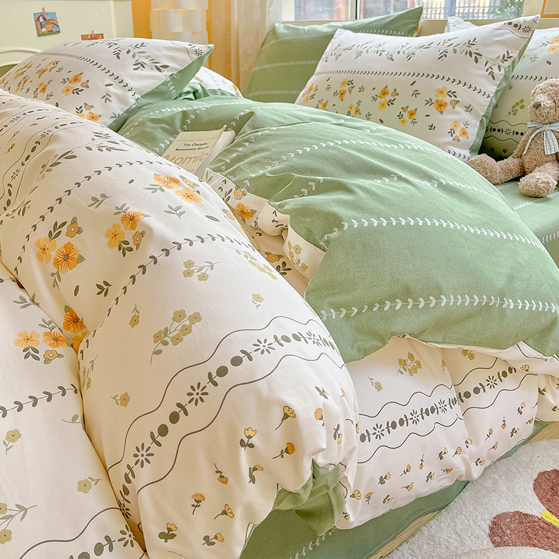 Juego de cama de algodón fresco de cuatro piezas de algodón 2025 nueva sábana cubierta de edredón dormitorio individual juego de tres piezas