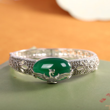 人品银品 s925纯银镶嵌蛋面绿玉髓手镯 时尚女士简约开口手环