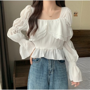 Real shot in Stock ~ high quality plus size panel plus size women's clothing chubby girl Design square collar ruffled temperament top