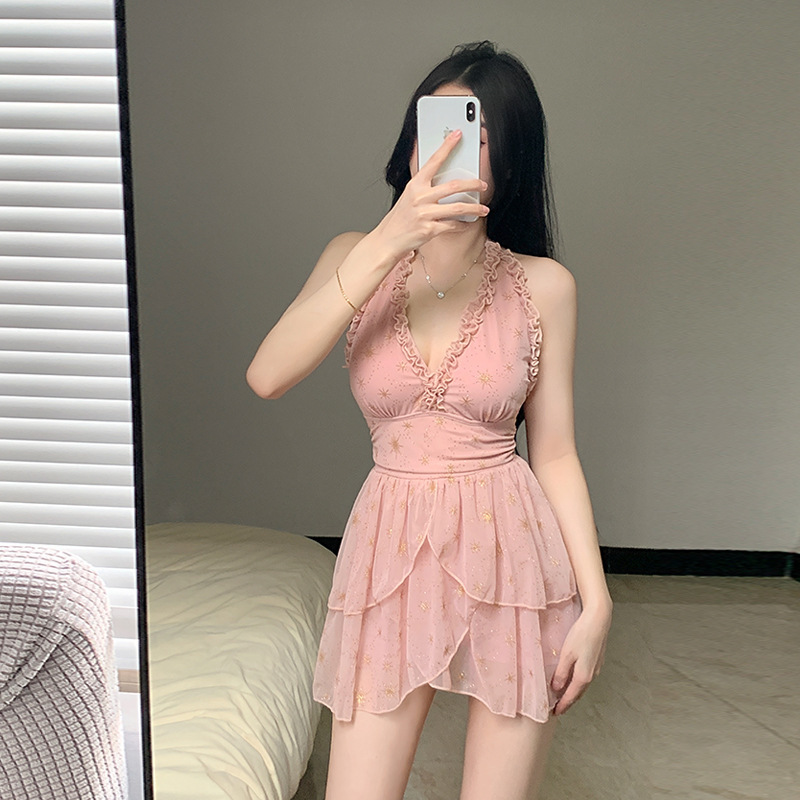 连体裙式吊带泳衣泡温泉海边度假遮肚显瘦少女保守小胸聚拢新款