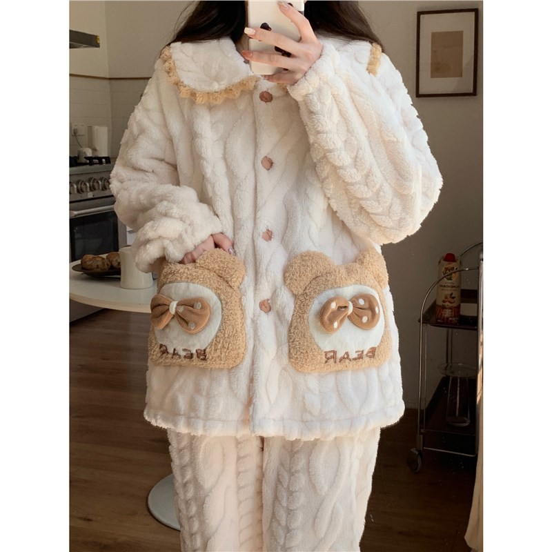 睡衣女秋冬季珊瑚绒加厚甜美可爱娃娃领开衫口袋家居服可外穿套装|undefined