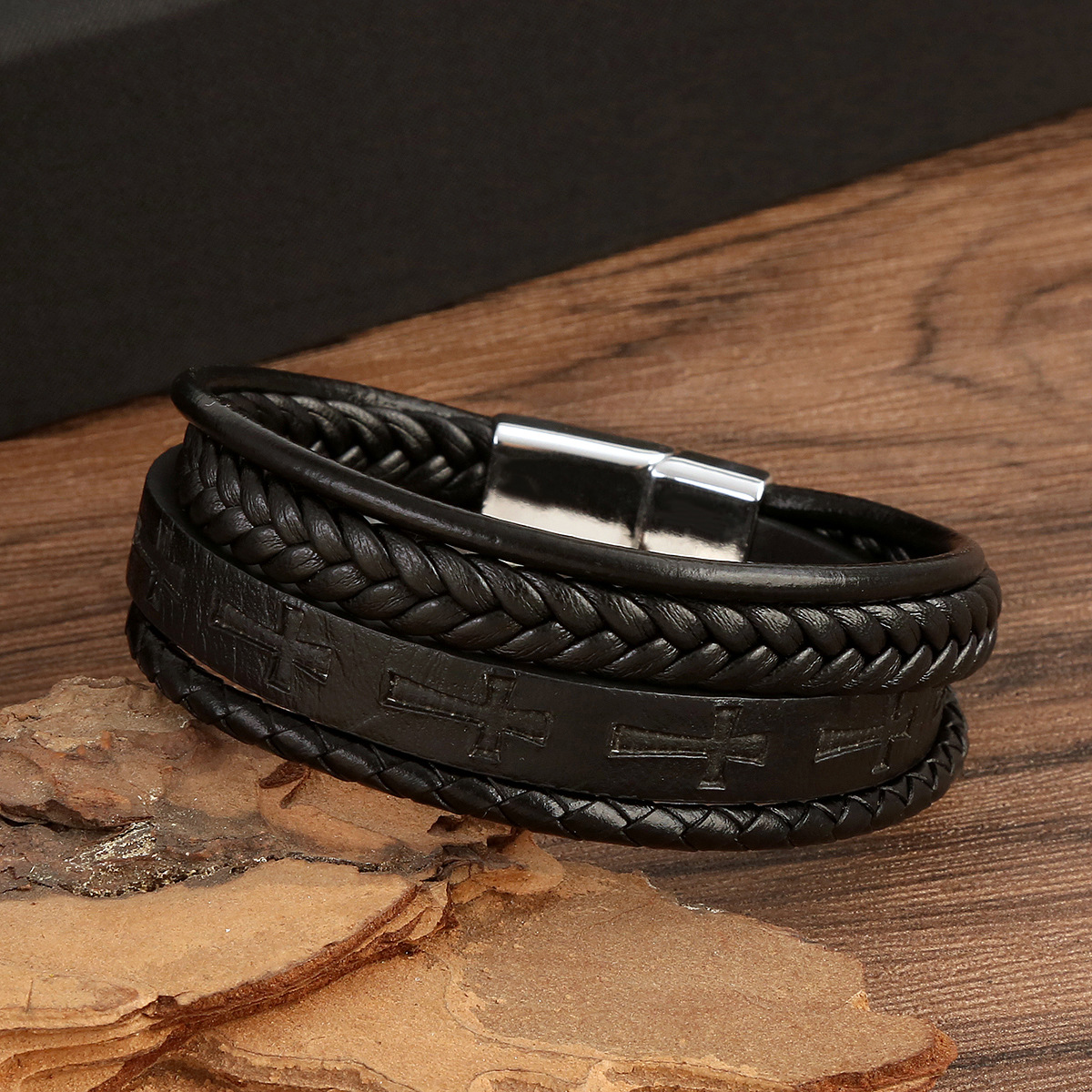 Heren lederen armband handgeweven met legering gesp sieraden_voghion.com