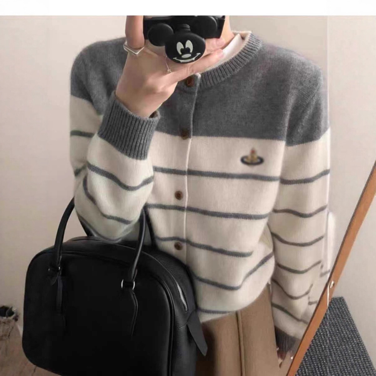 新款撞色条纹休闲百搭针织开衫女秋冬季单排扣正肩毛衣外套洋气潮