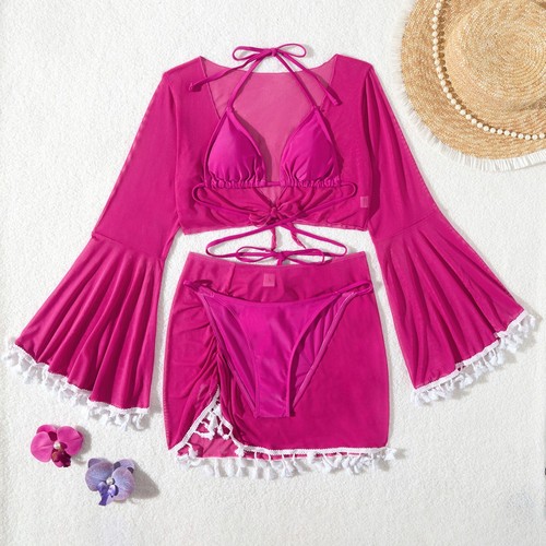 2025 Ins Stylish Su Mesh Cover-up Set with Short Skirt Bikini for Conservative Women in Thailand