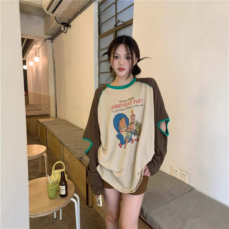 Personalized Cut Out Long-Sleeved T-Shirt Women's Mid-Length Spring & Fall Thin Niche Contrasting Raglan Sleeve Top 6266