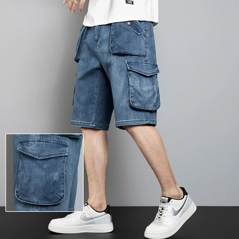 Мужские летние повседневные джинсовые шорты-карго больших размеров в американском стиле, модный бренд, с множеством карманов, для трансграничной торговли