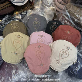 韩国ins复古爱心点钻前进帽女春秋百搭贝雷帽显脸小鸭舌帽子男潮