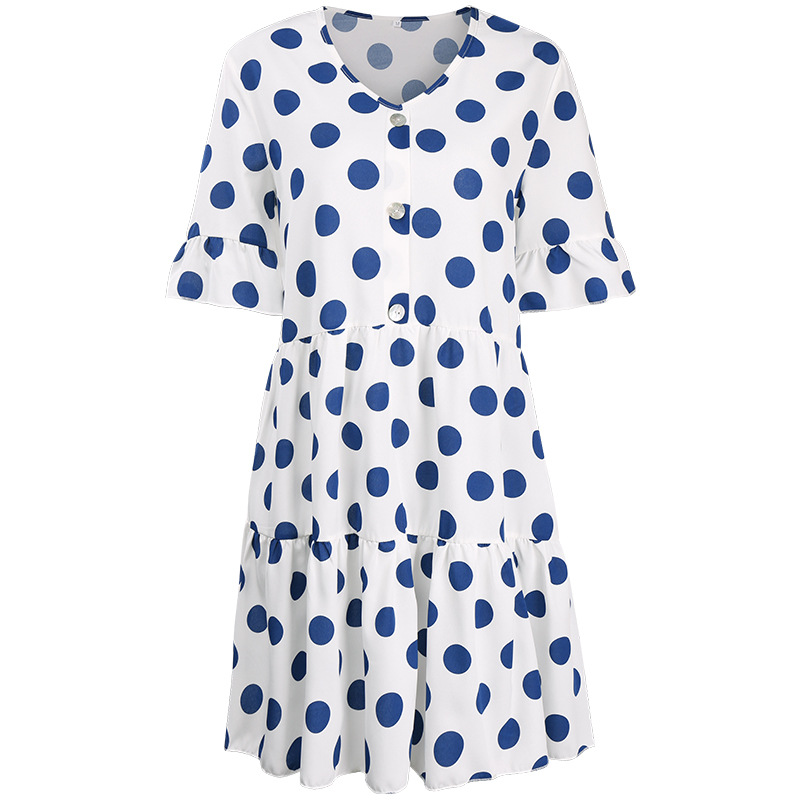 fashion casual V-neck buckle decor polka-dot short-sleeved dress NSMAN53288