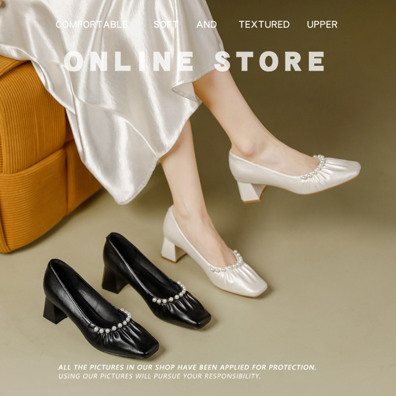 Light Luxury Chunky Heel High Heels 2026 New Style Comfortable Non-Tiring Square Toe Pleated Pearl Decoration Commuter Shoes for Women Light Luxury Chunky Heel High Heels 2026 New Style Comfortable Non-Tiring Square Toe Pleated Pearl Decoration Commuter Shoes for Women