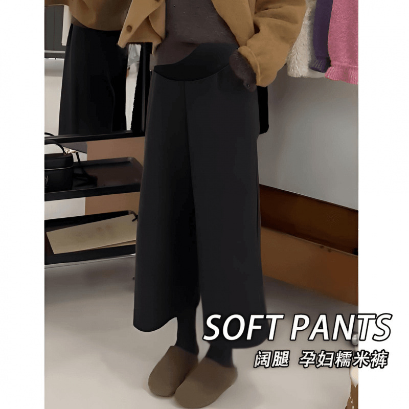 Maternity Pants 2025 New Autumn and Winter Outer Wear Wide-Leg Pants Woolen Fleece-Lined Thickeneded Eight-Quarter Pants Fashionable Belly Support Pants
