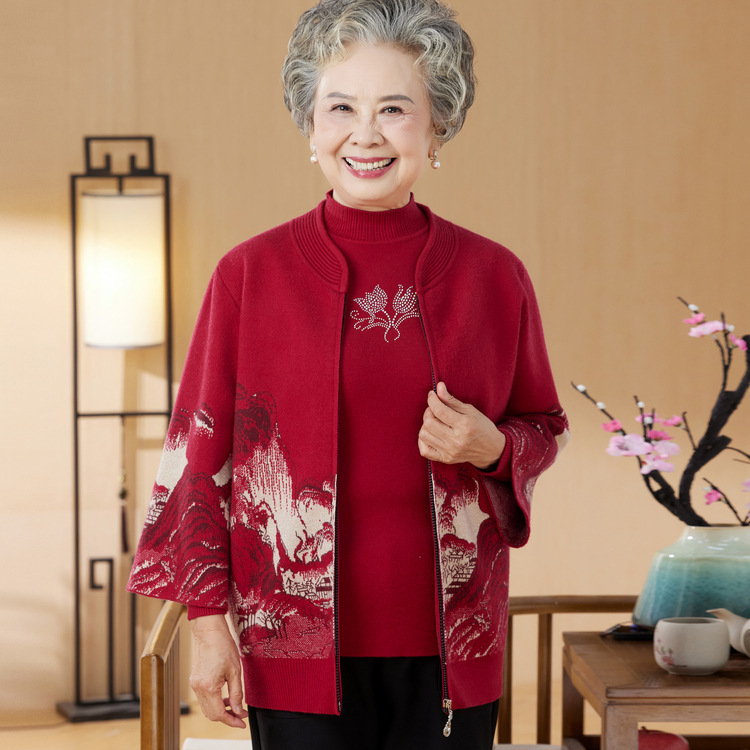 老年人秋装奶奶针织两件套老太太套装秋冬加绒上衣服妈妈洋气毛衣|undefined