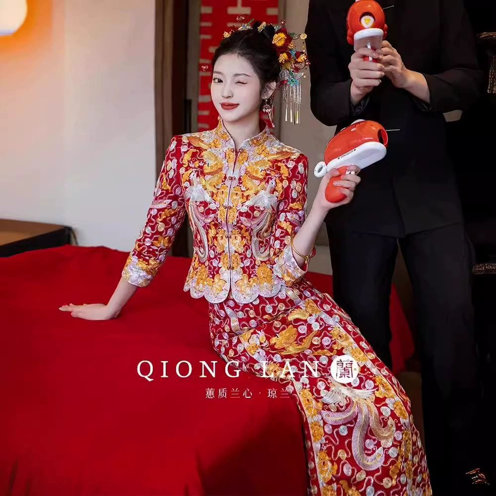 Платье «Дракон и Феникс», свадебное платье, элитное платье Сюхэ, новая модель китайского свадебного платья 2025 года, платье для свадебной речи, изысканное и роскошное.