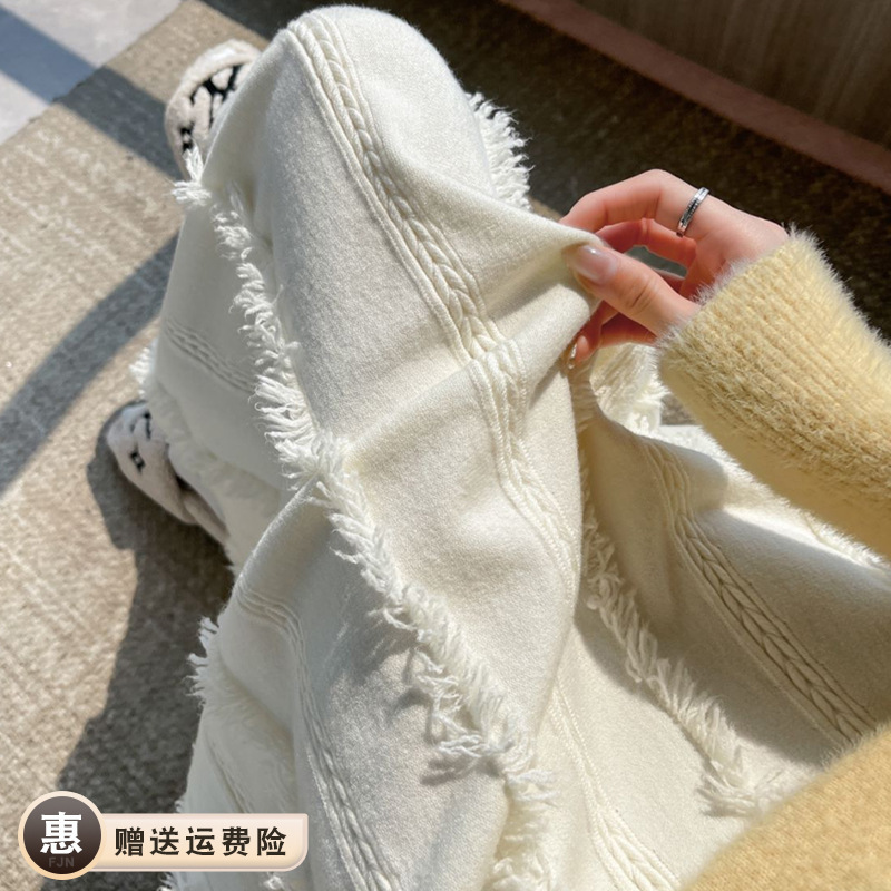 麦穗麻花针织半身裙女奶白色温柔风a字长裙流苏百褶大摆伞裙秋冬|undefined