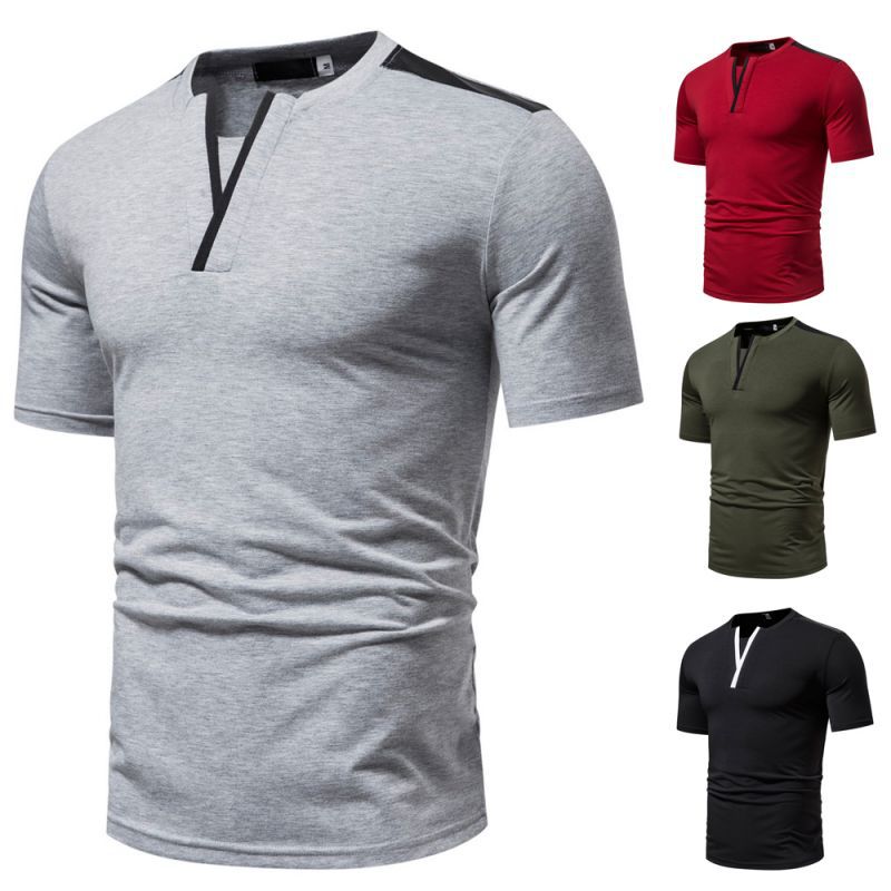 Muscle slimming summer new casual fashion top patchwork collar letter Y design short sleeved T-shirt for men_voghion.com