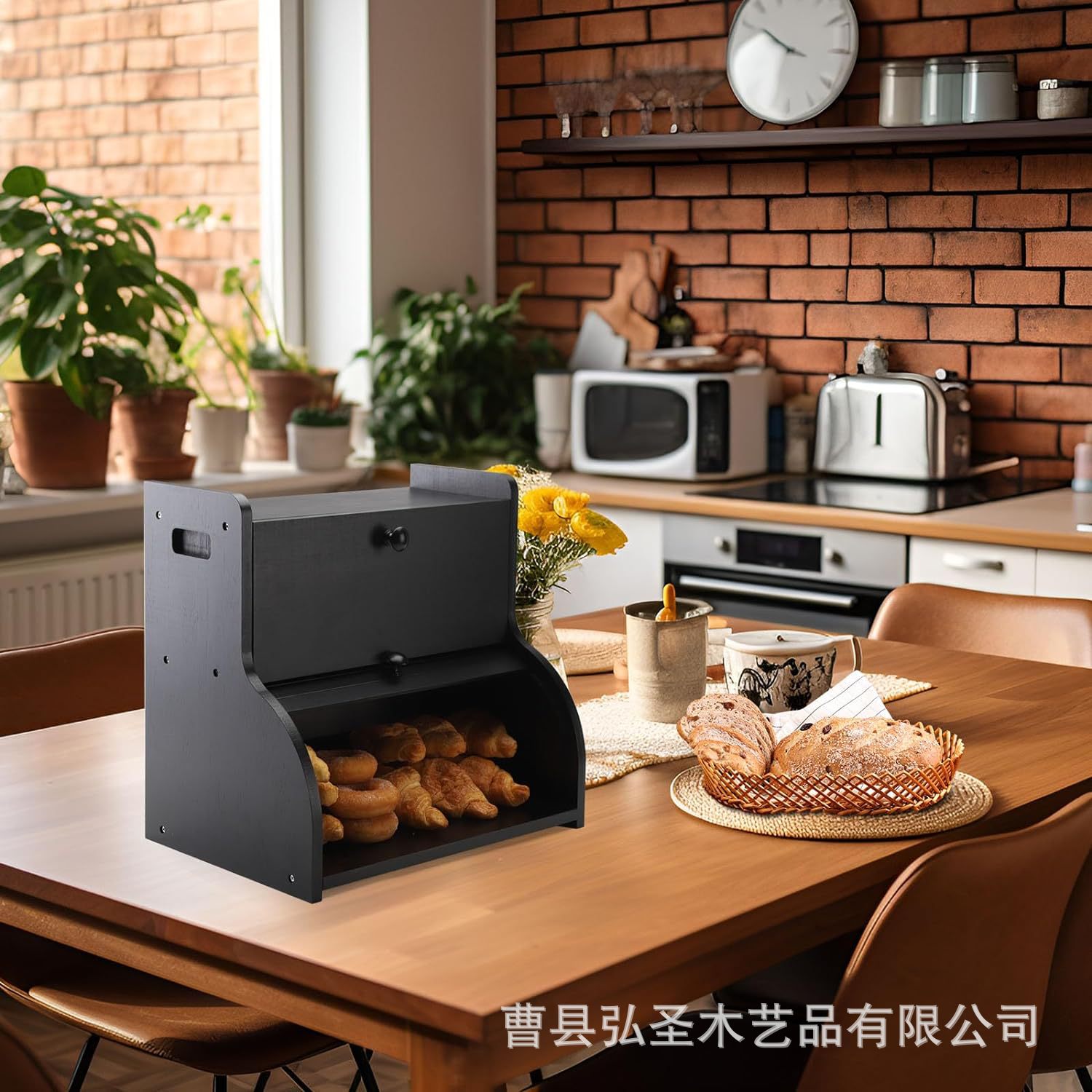 Caja de pan de madera maciza, mesa de cocina, caja de condimento, caja de punto tipo solapa, caja de almacenamiento de madera maciza de doble capa con soporte para vajilla